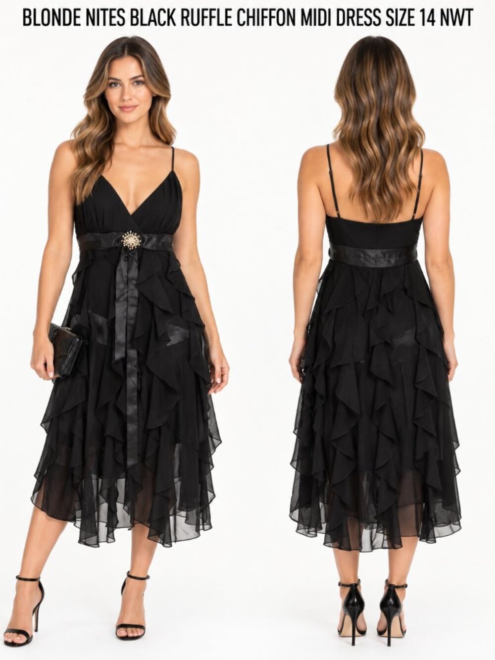 BLONDE NITES BLACK RUFFLE CHIFFON MIDI DRESS SIZE 14 NWT